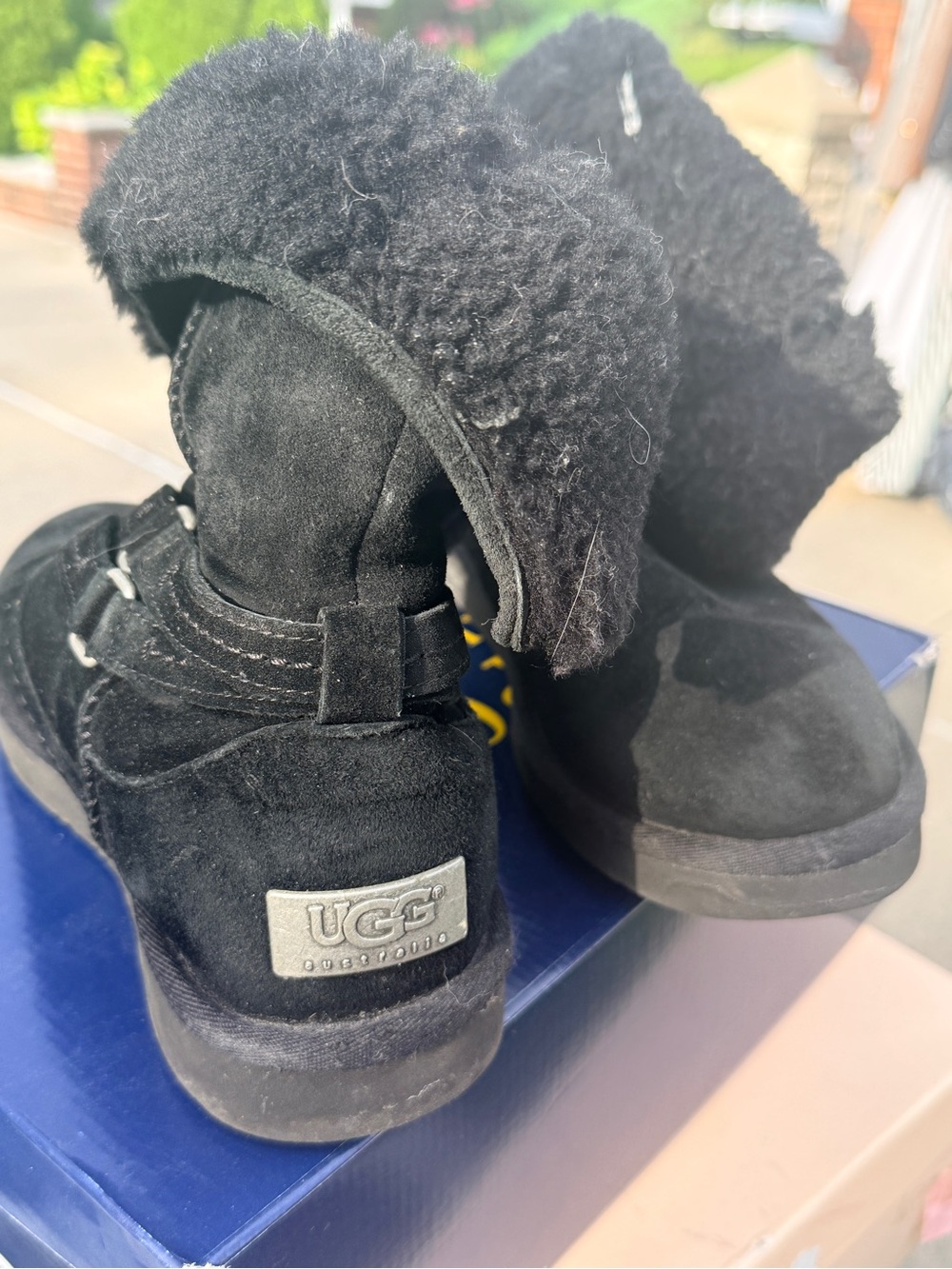 UGG Kids Black Suede Shearling Cuff Boots